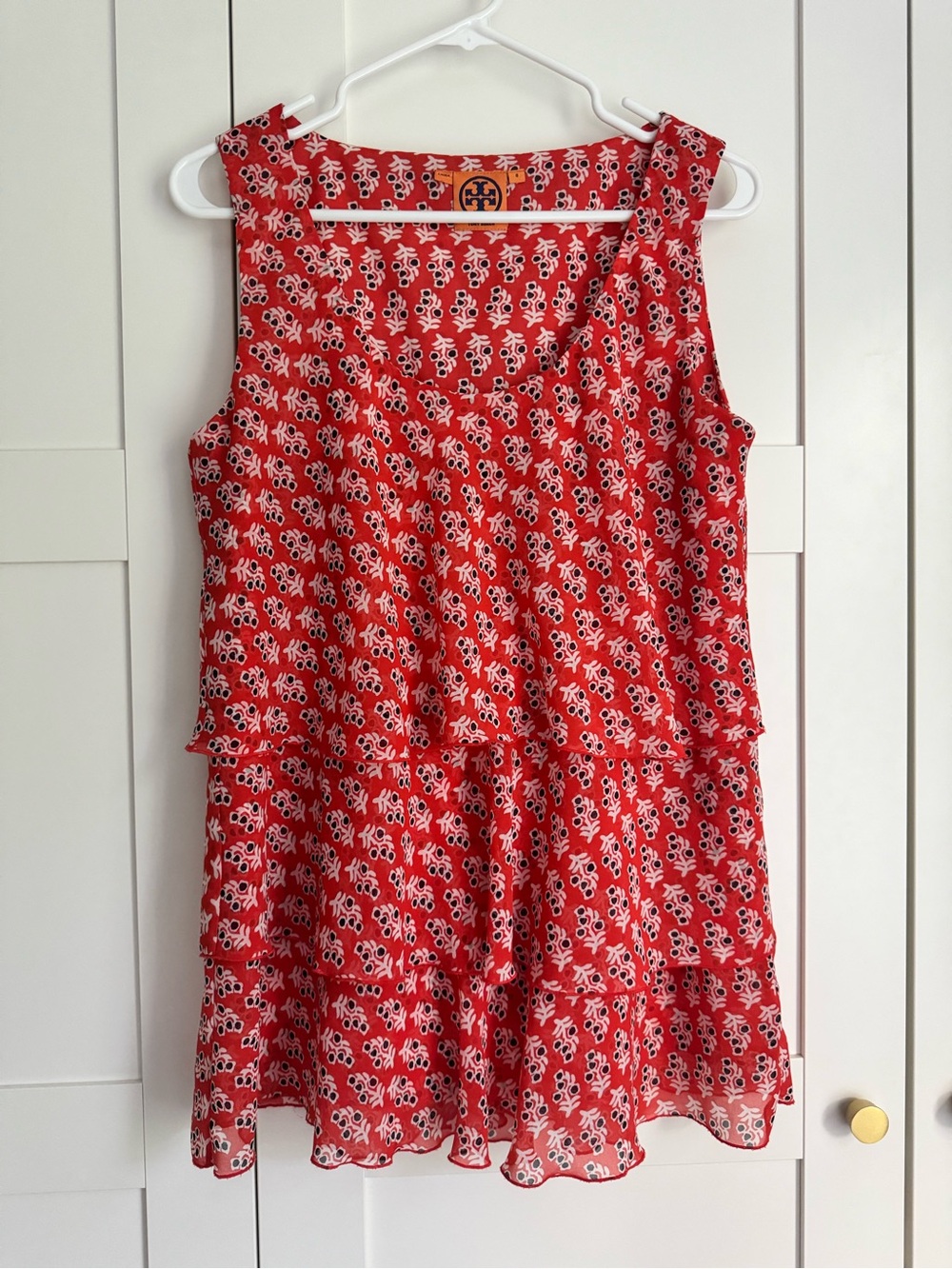 Tory Burch Red Floral Tiered Ruffle Sleeveless Top Size 8 Women’s Flowy Loose